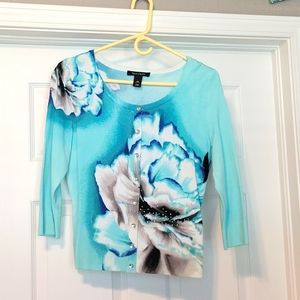 White House Black Market Turquoise Floral Cardigan Size XS
